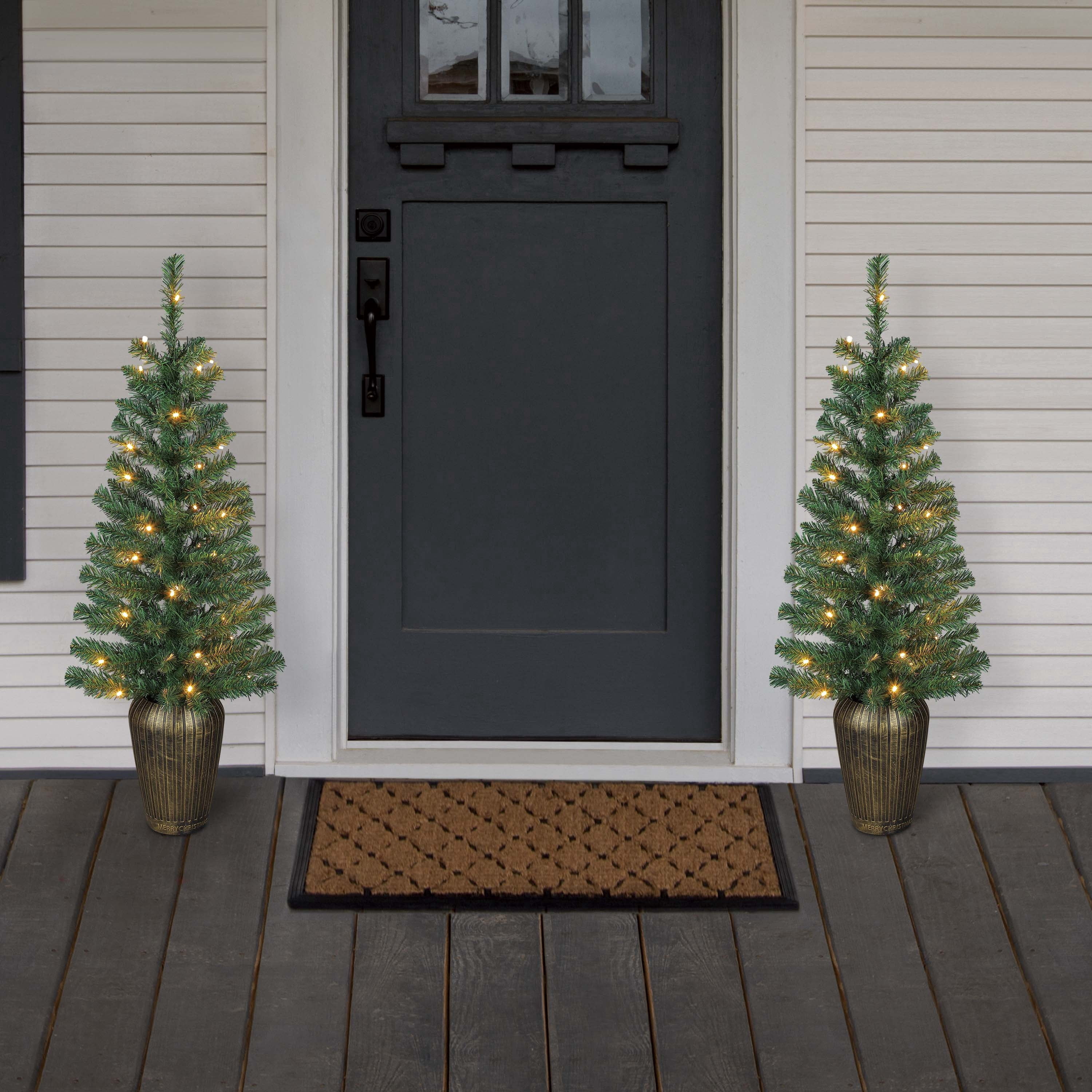 3.5' Pre-Lit Green Artificial Porch Christmas Trees with 35 Warm White LED Lights, 2 Count, by Holiday Time