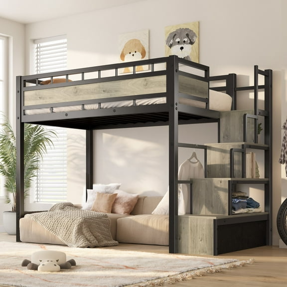 Soges Twin Size Metal Loft Bed with Storage Stairs&Shelves, Modern Metal Loft Bed Frame With Large Under-Bed Space for Bed Room, No Box Spring Needed, Black