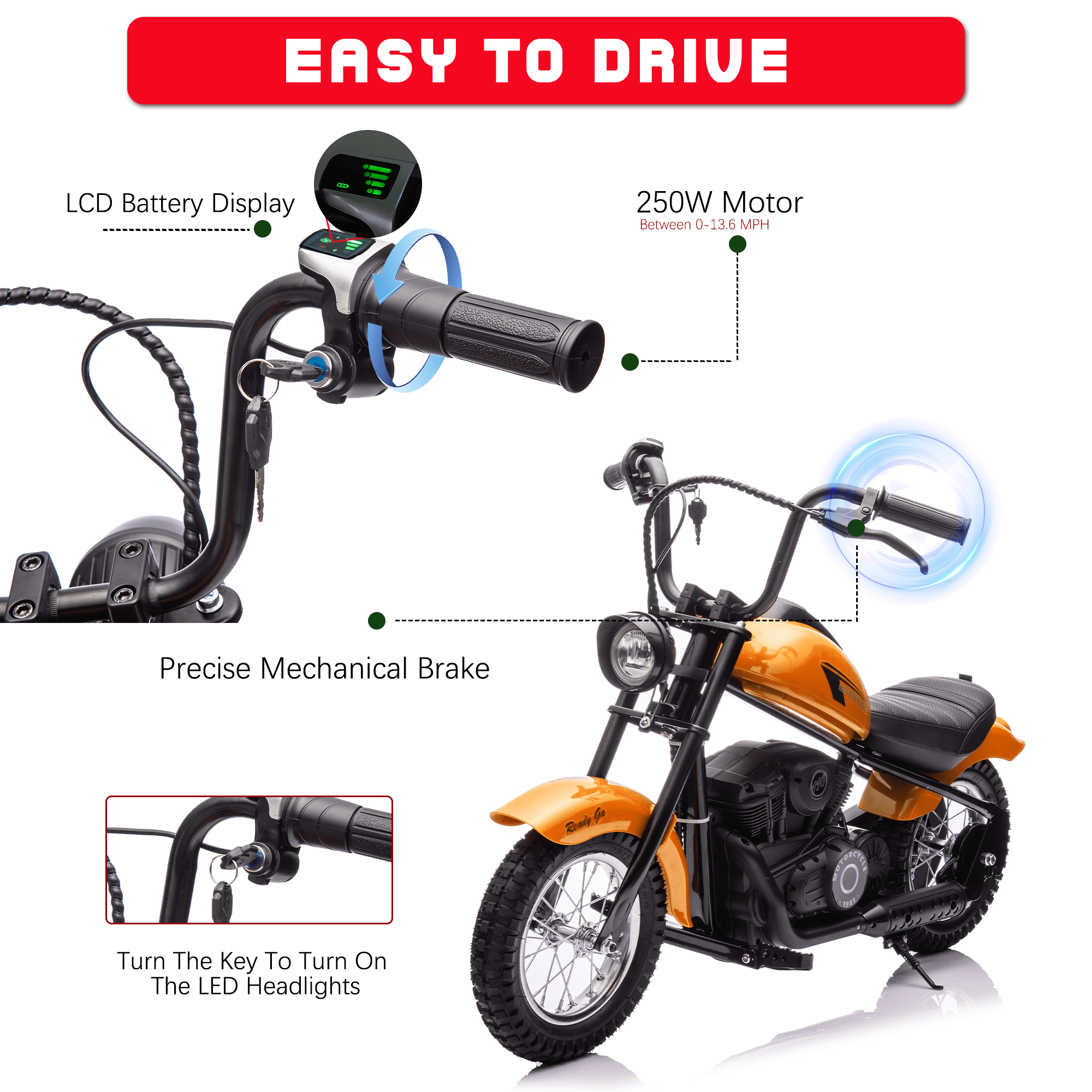 JoyWheels 24V Electric Dirt Bike, 250W Ride on Toy Motorcycle for kids,14mph, Age 13+,Orange