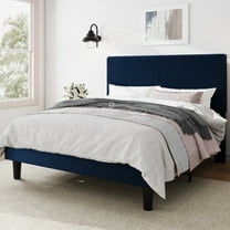 Amolife Queen Size Platform Bed Frame with Corduroy Fabric Upholstered Adjustable Height Headboard, Dark Blue