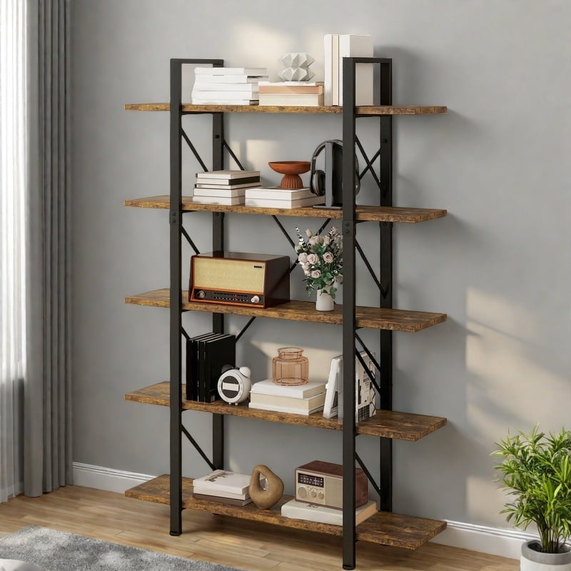 Uforic 5 Tier Bookshelf, Freestanding Industrial Bookcase, Storage Shelving Unit for Home Office, Brown