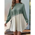 thumbnail image 4 of Women'S Color Block Round Neck Long Sleeve Ruffle Hem Casual A Line Short Dress Green XL, 4 of 7