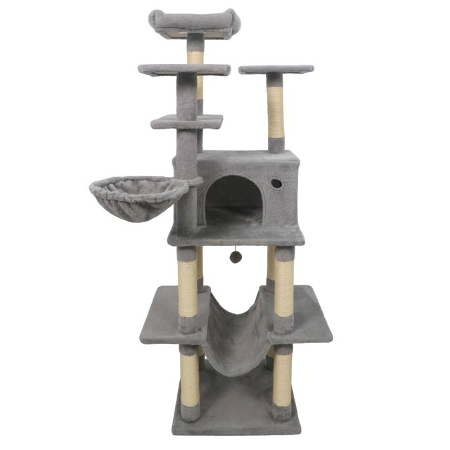Gymax 63'' Large Cat Tree for Indoor Cats w/Plush Top Perch Condo Hammock Basket Bed Light Grey
