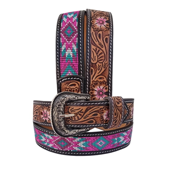 Affilare Western Beaded Belts For Young Adults Tooled Leather Heavy Duty Beaded Belt 40IS10530