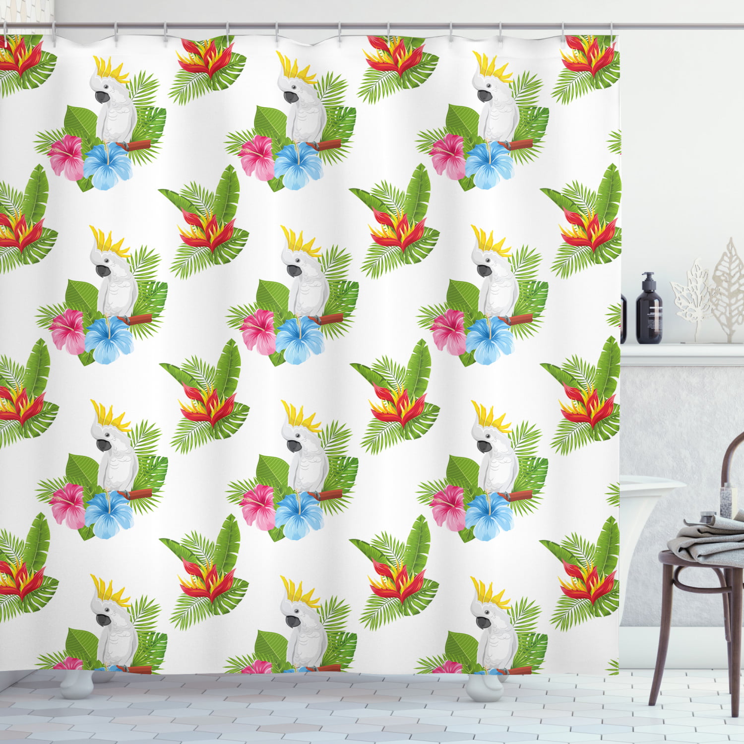 Details about   Hibiscus Flowers Cockatoo Tropical Decor Wildlife Pattern Shower Curtain Set 