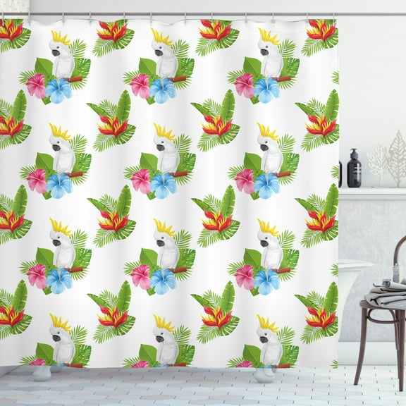 Luau Shower Curtain, Repetitive Demonstration of Cockatoo Bird of Paradise and Hibiscus Flowers, Fabric Bathroom Set with Hooks, 69W X 75L Inches Long, White and Multicolor, by Ambesonne