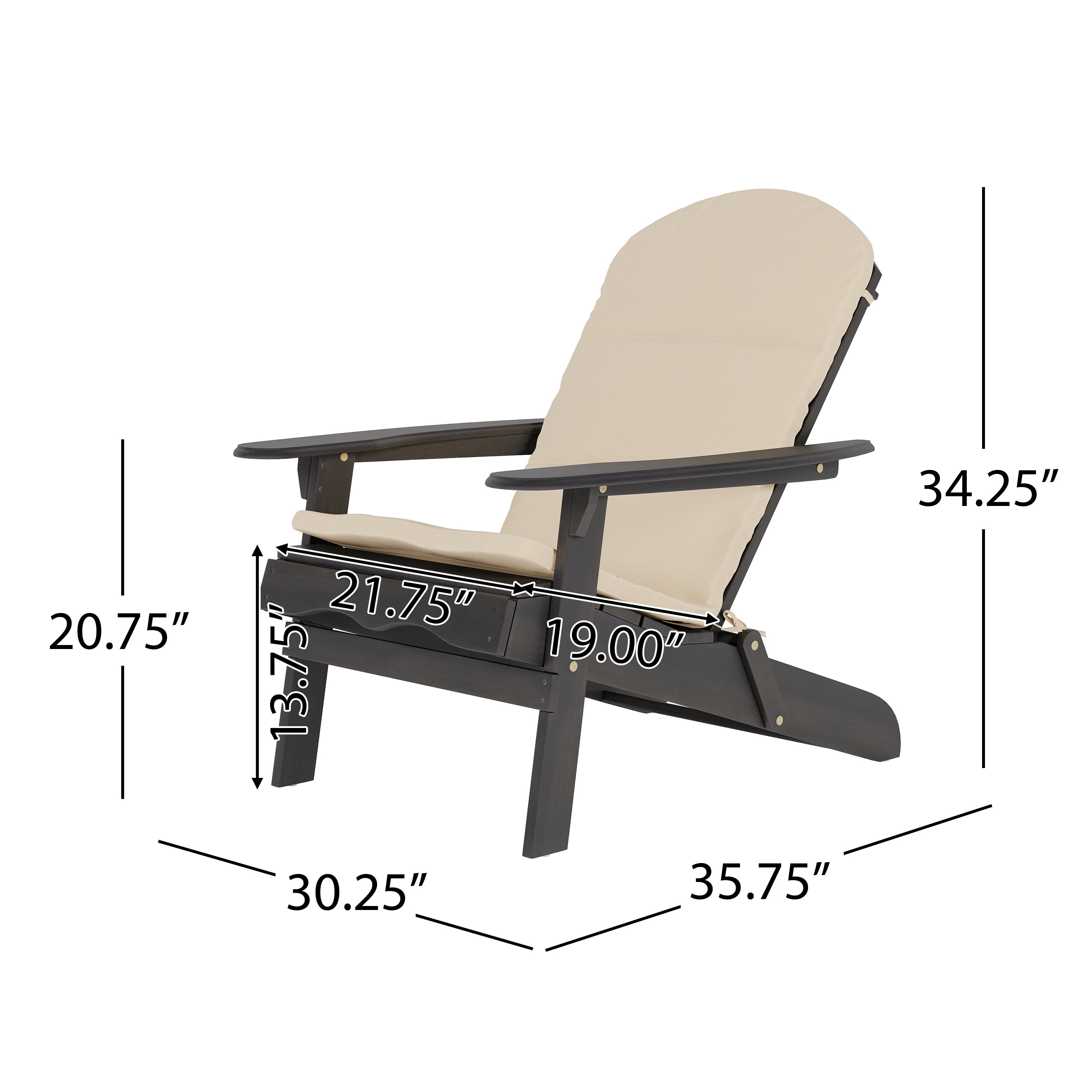 Ariel Outdoor Acacia Wood Folding Adirondack Chairs with Cushions (Set of 2), Dark Gray and Khaki