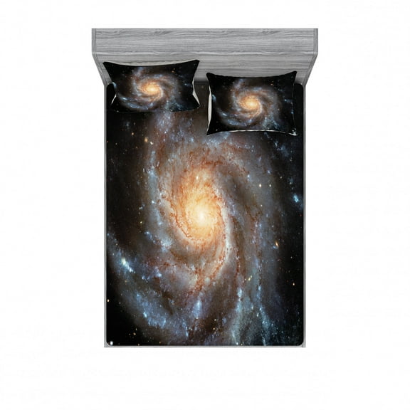 Ambesonne Galaxy Fitted Sheet & Pillow Sham Set, Star Disc in Huge Space, Full, Black Beige Violet