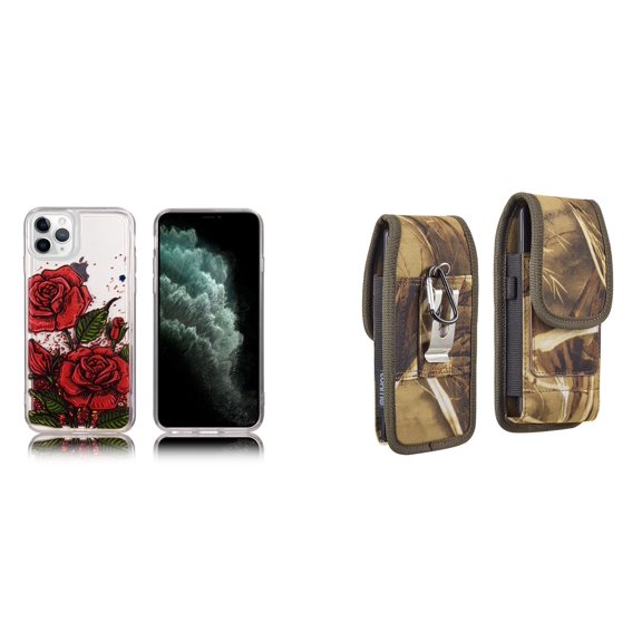 Liquid Glitter Case for iPhone 14 Pro and Belt Holster Pouch (Red Rose/Camo)