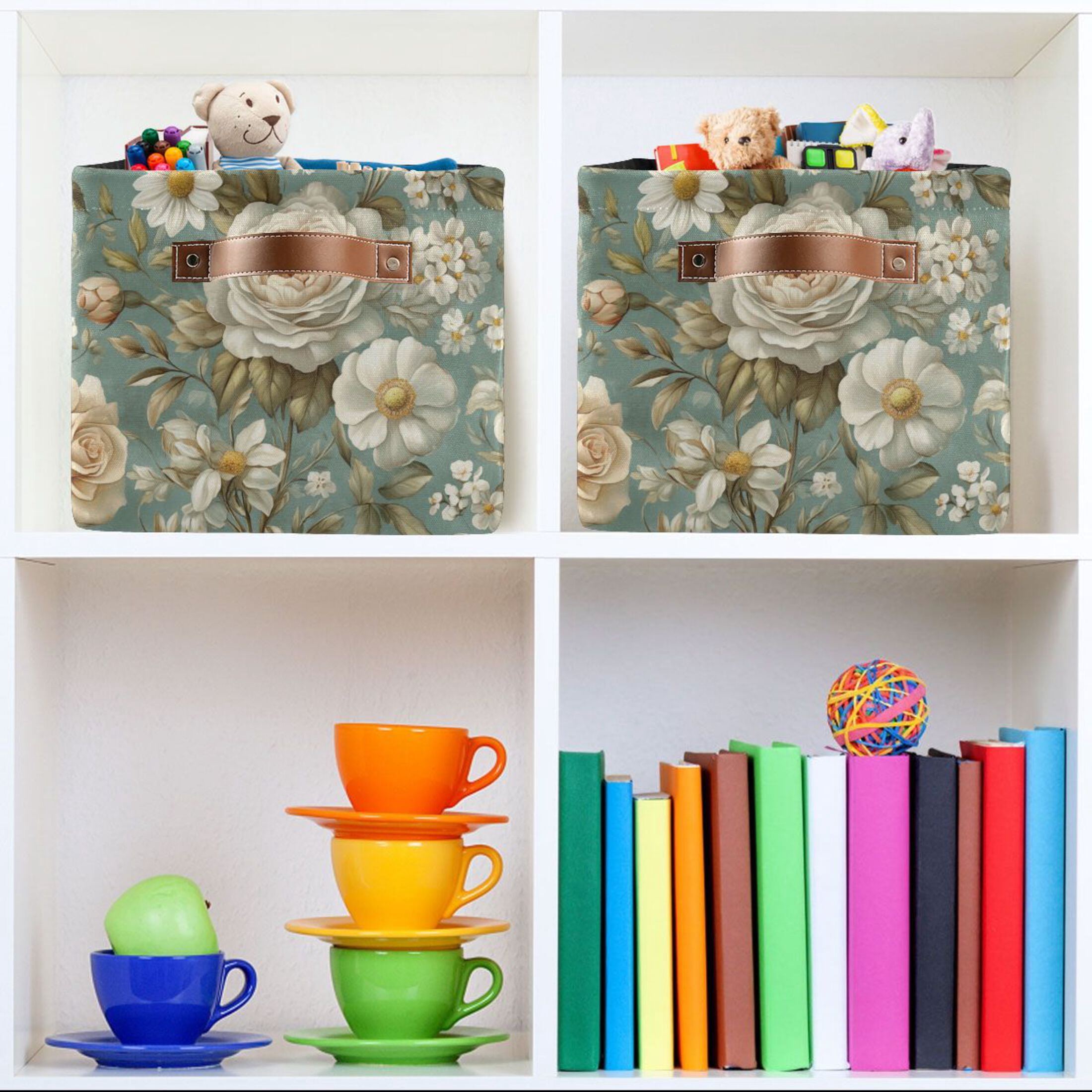 Vintage Floral Pattern Foldable Storage Basket,Canvas Fabric Foldable Storage Bins with Handles Open Home Storage Bins Boxes for Toy Book Shelf Closet Baskets