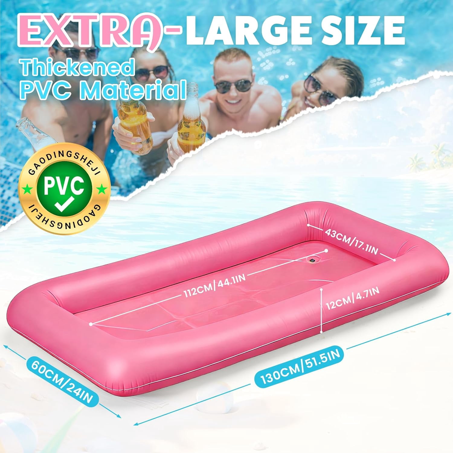 Large Inflatable Ice Serving Bar for Food, Drinks, Salad, Floating Buffet Cooler Tray with Drain Plug for Pool Party, BBQ, Picnic, Camping, Beach, and Outdoor Supplies Rose Pink