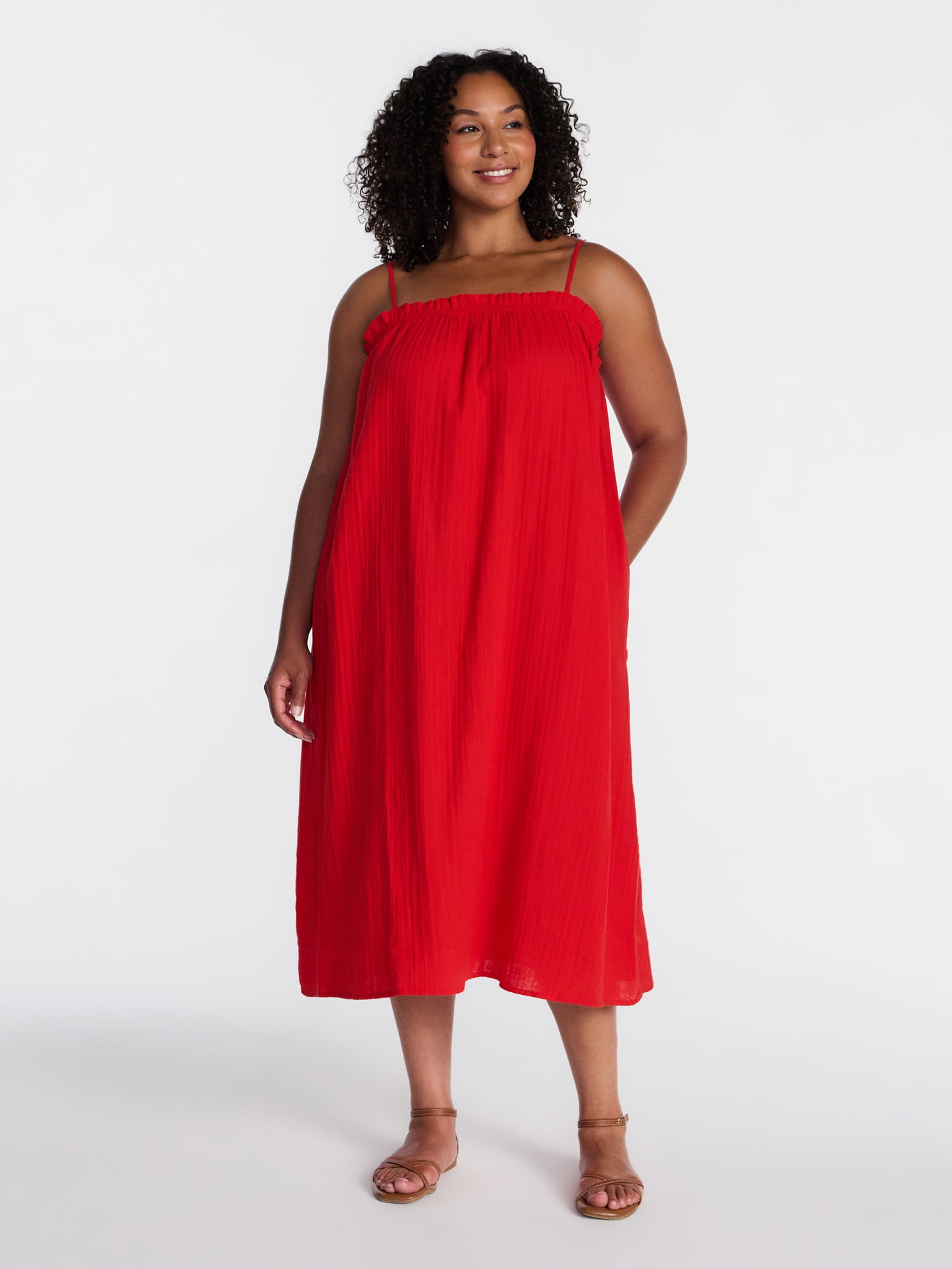 Time and Tru Women's Sleeveless Double Cloth Cotton Midi Dress, Sizes XS-XXXL