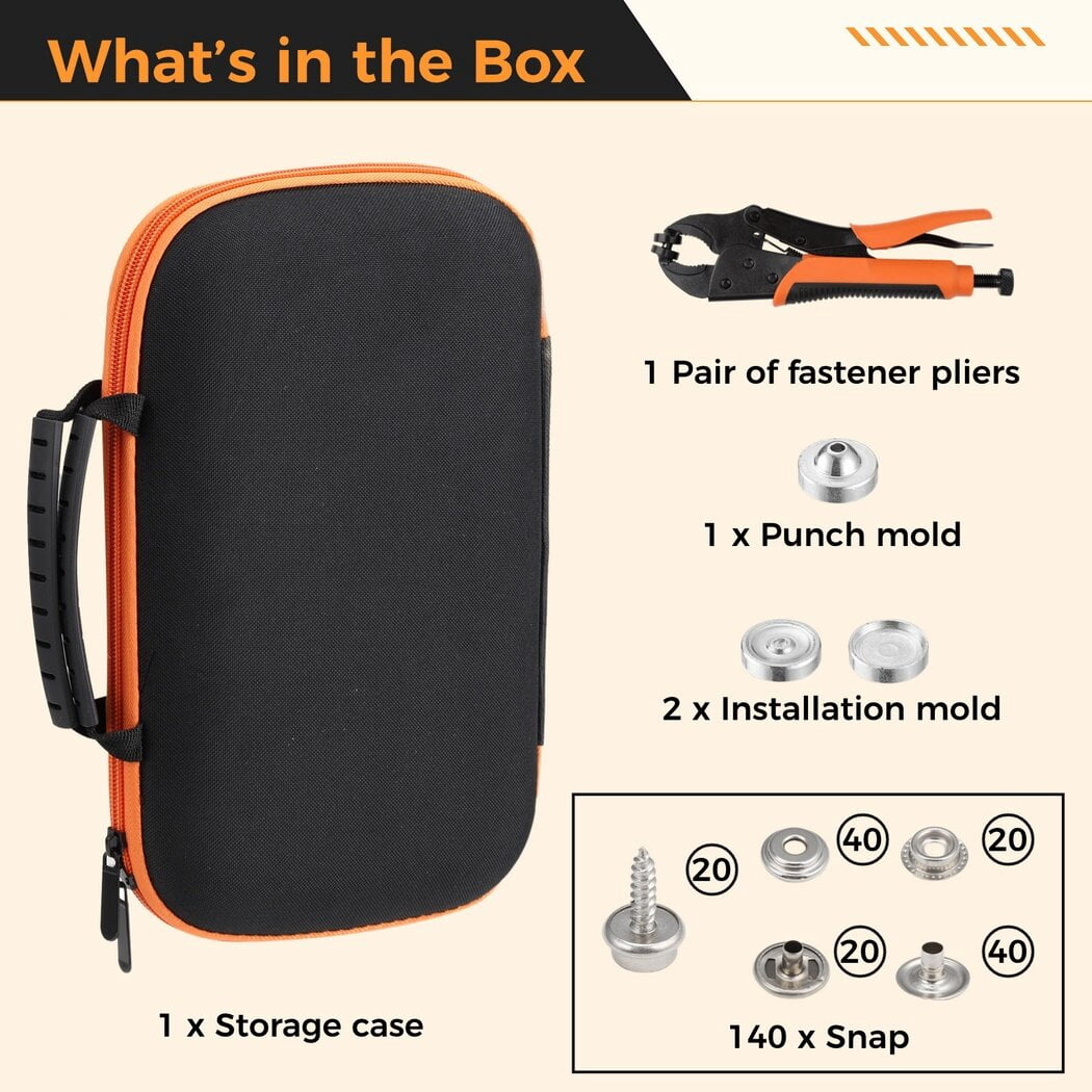 Snap Fastener Tool Kit, Heavy-Duty Snap Setter Tool Kit with Perforation Tool, 3 Molds & 140 Metal Snaps, efficient Snap Button Tool with Adjustable Bolt for Canvas, Leather, Tarps, Boat Covers