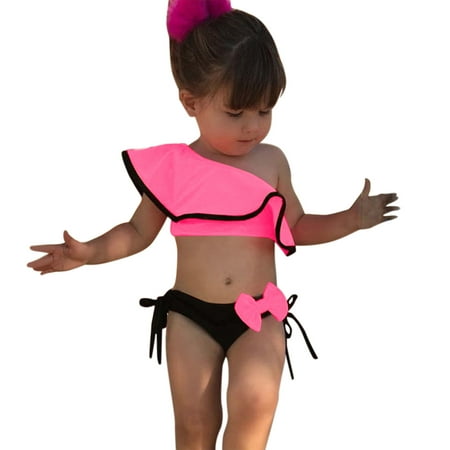 

NECHOLOGY Guard Swimsuit Summer Toddler Girls One Shoulder Bathing Suit Ruffles Bowknot Two Piece Off Girl Bathing Suit with Guard Swimwear Hot Pink 18-24 Months