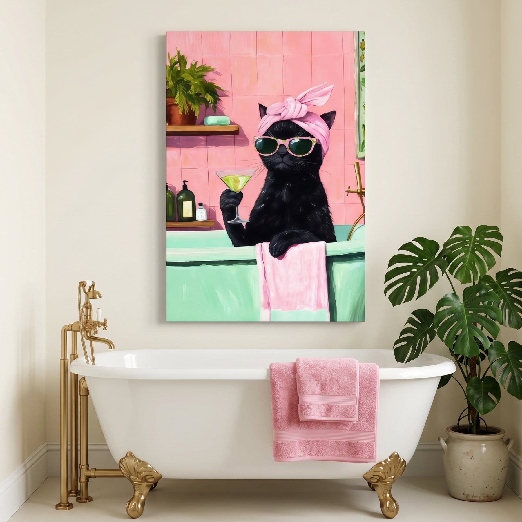 YarnArtistry Funny Bathroom Black Cat Canvas Wall Art 24 in x 16 in Framed Painting Canvas Art Prints