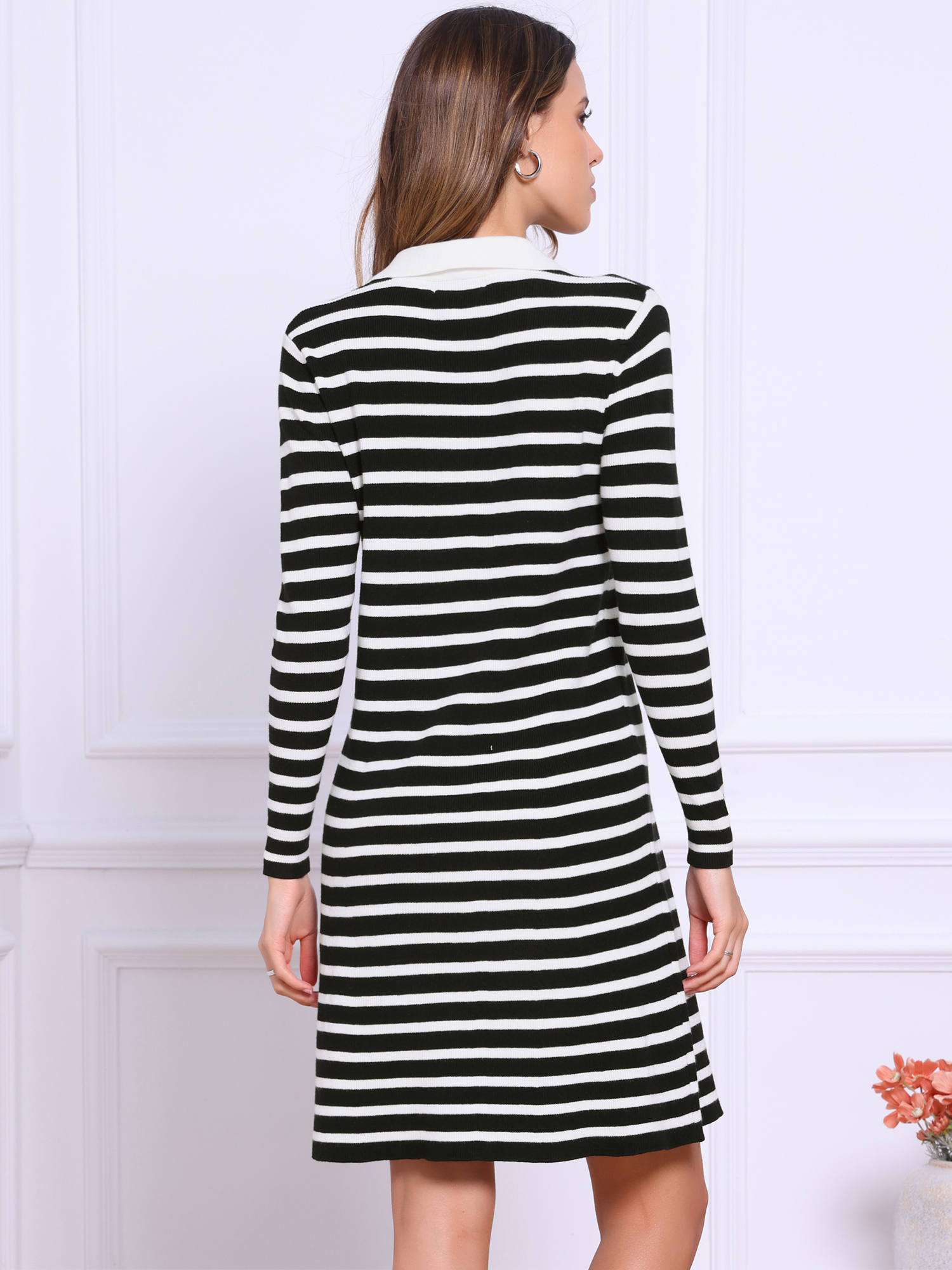DARING DIVA Sweater Long Sleeve V Neck Above the Knee Striped Knit Dress XS Black White