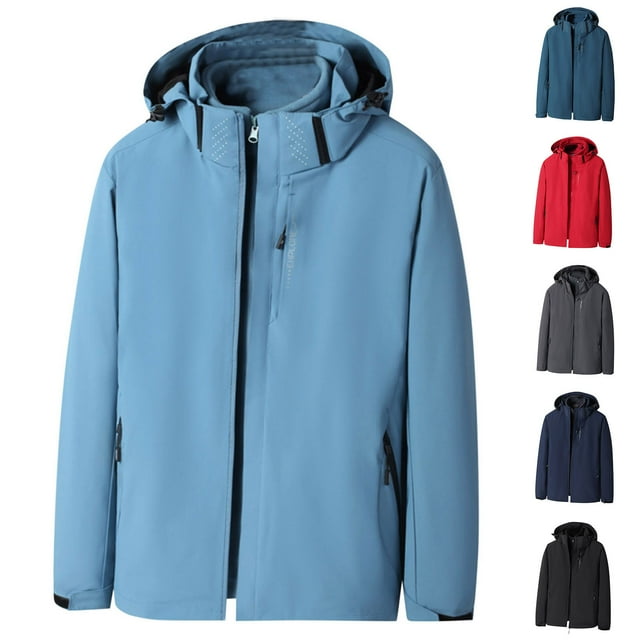 Sentmoon Winter Jacket Solid Color Long Sleeve Drawstring Hooded Neck Men's Winter Coats Oversized Zipper Windbreaker Trendy Mens Clothes with Pockets Fall for Festival Camping and Outdoor