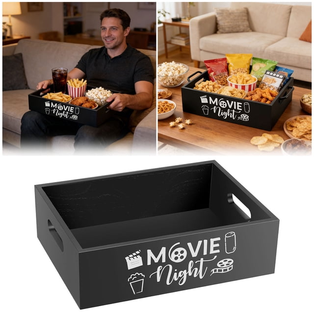Plateau à Collation de Soirée Cinéma avec Poignée Réutilisable en Bois pour Film, Bol de Maïs Soufflé, Contenant, Salle Familiale, Saint-Valentin