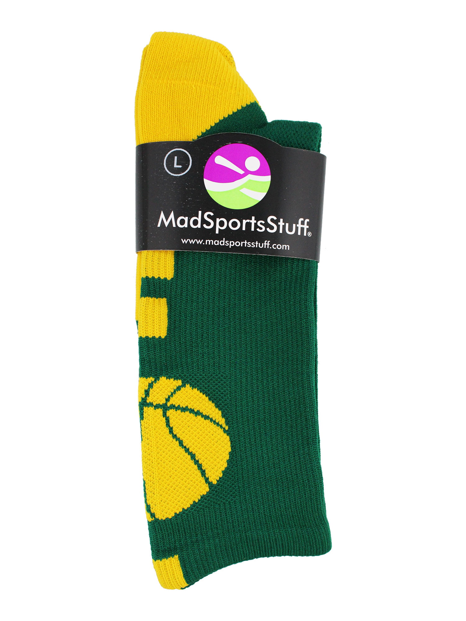 Small MadSportsStuff Basketball Logo Athletic Crew Socks Kelly Green/Gold