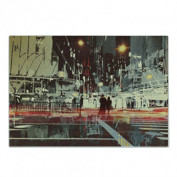 Modern Cutting Board, Urban City Streets at Gloomy Night with People Downtown Dramatic Illustration, Decorative Tempered Glass Cutting and Serving Board, Small Size, Red Blue Grey, by Ambesonne