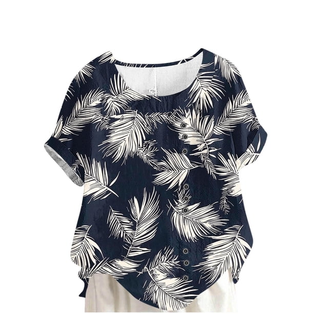 Camisetas de Manga Corta para las Mujeres Casual Cuello Redondo Cómodo de Lino Camiseta Botón Blusa Top Verano Manga Corta para las Mujeres