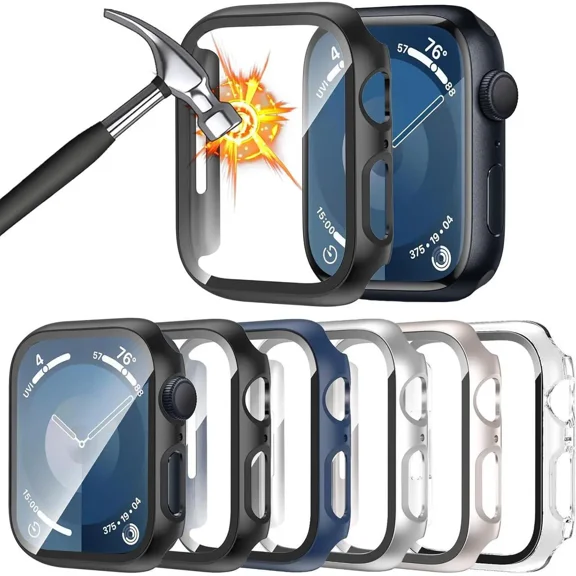 [6 Pack] for Apple Watch Case 45mm Series 9 8 7 Screen Protector, Ultra-Thin Tempered Glass Full Coverage Hard PC Protective Face Cover for iWatch 45mm