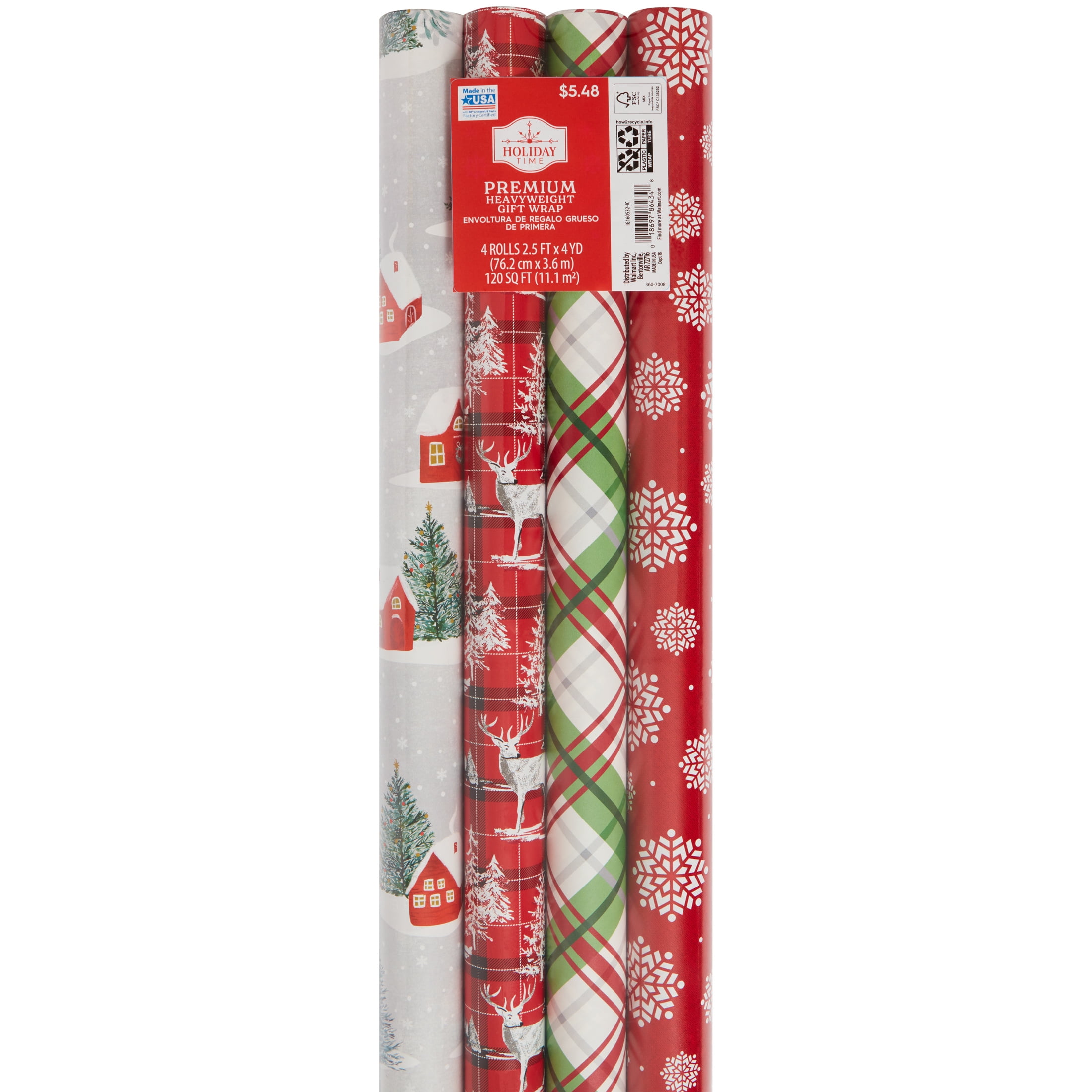 Holiday Time Relaxed Traditional Four-Roll Gift Wrap, 30" x 120 sq. ft
