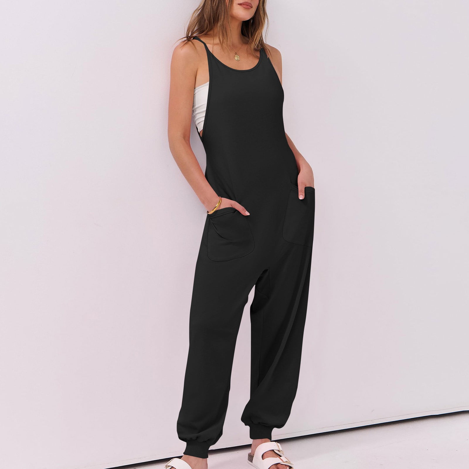 lcziwo One Piece Joggers Pants for Women 2025 Summer Sleeveless Straps Yoga Workout Jumpsuit Solid Casual Elastic Bottom Overalls with Pockets Lightning Sale