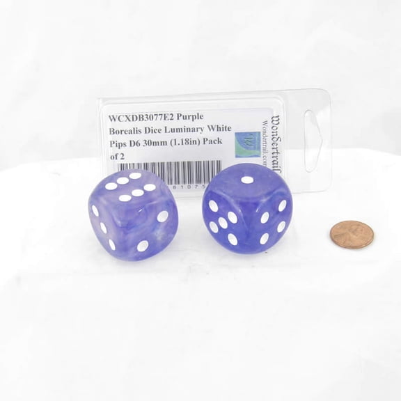 Purple Borealis Dice Luminary with White Pips D6 30mm (1.18in) Pack of 2 Wondertrail