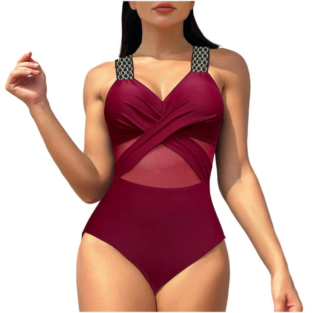 Womens Bikini Swimsuits Solid Color Mesh Patchwork Hollowed Out, Sexy High Cut Swimsuit for Summer