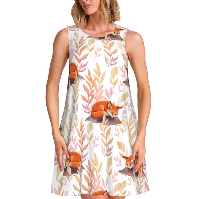 Vsdgher Robe d'Été Imprimée Renard Endormi Mignon pour Femmes Robe de Plage Décontractée Col en U Sans Manches Robe Débardeur Ample avec Poche