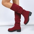 thumbnail image 3 of Wine Ladies Mid Calf Boots Chunky Heel Pleated Bootlegs Soft Suede Thick Anti Slip Textured Sole Fall Winter Casual Light Wear Size 38, 3 of 4