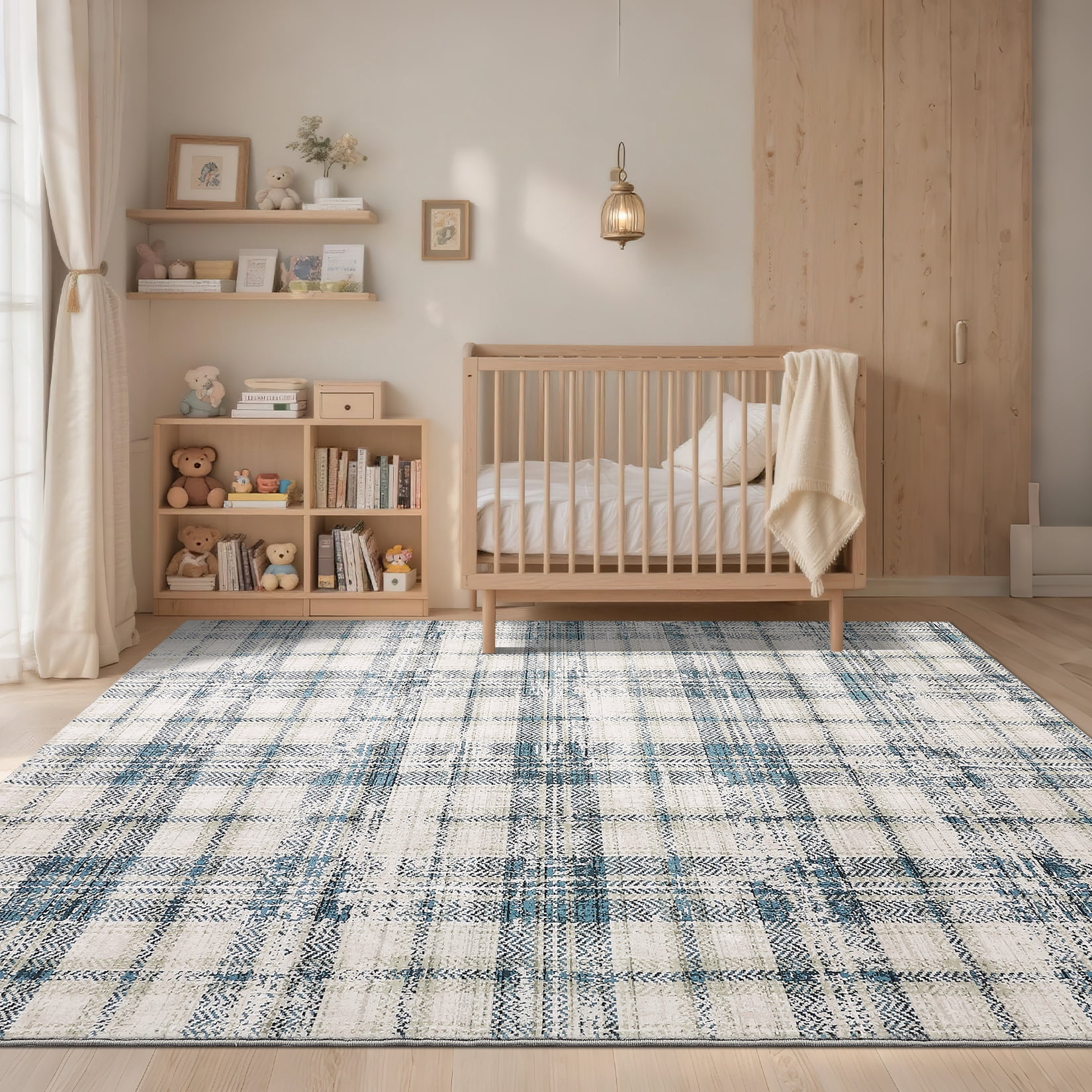 Garvee Washable Rug 5x7 Modern Plaid Area Rug, Non Slip Stain Resistant Rug Geometric Carpet for Living Room Bedroom Home Office, Blue