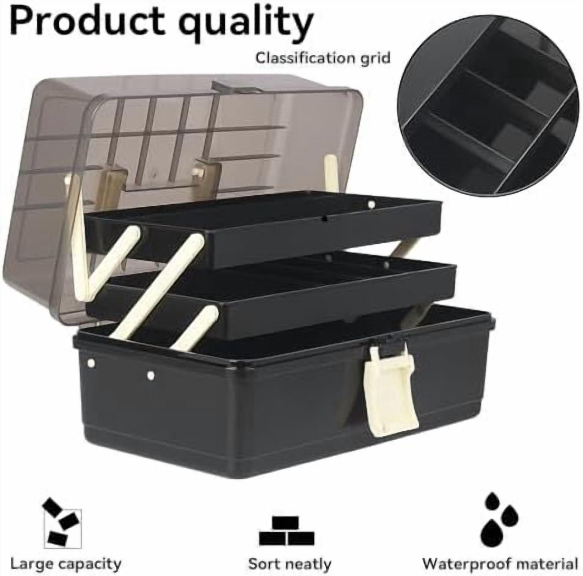 13-Inch Art Storage Box 3-Layers Plastic Storage Box with Handle Craft Art Bin Portable for Home School Office Travel, Black