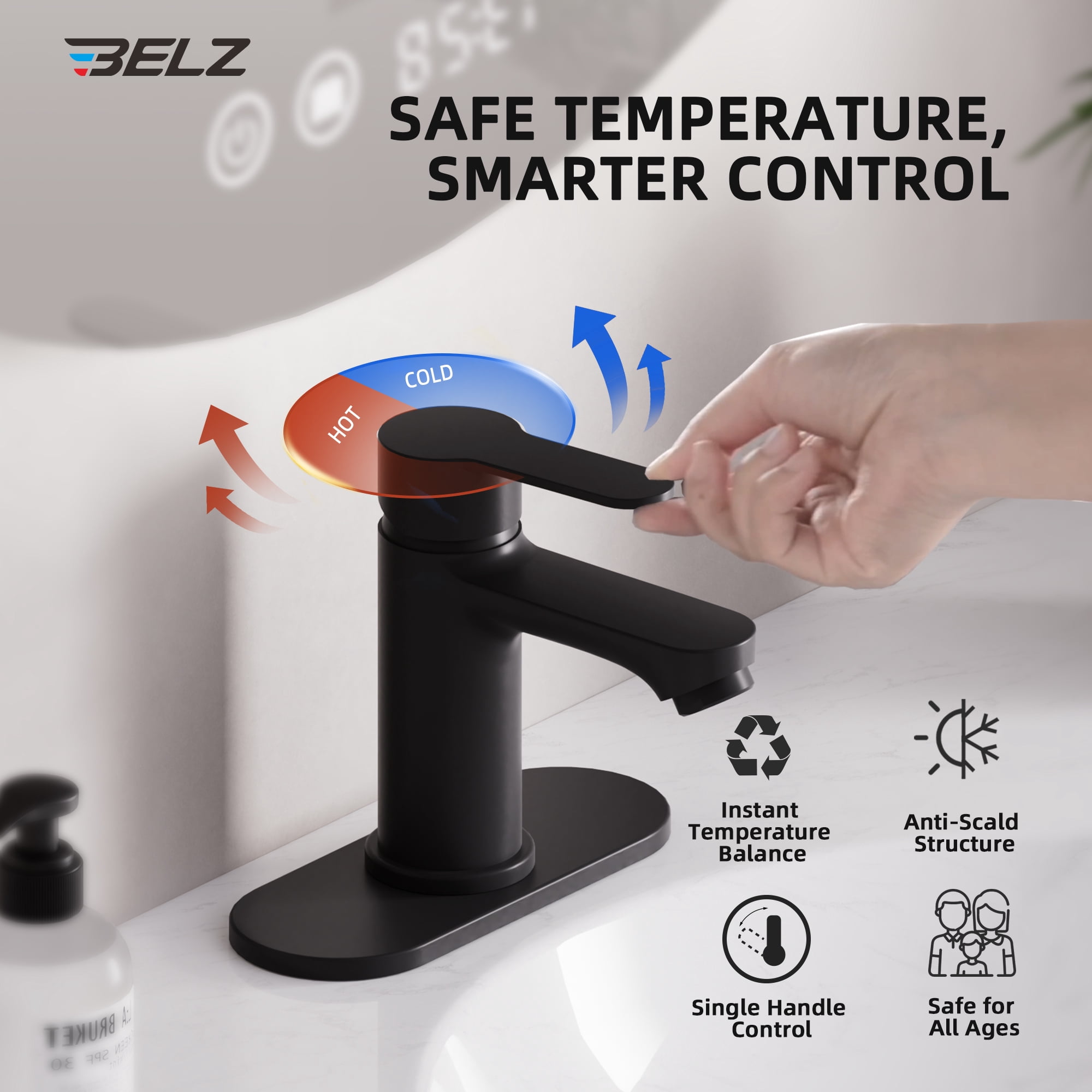 BELZ Bathroom Faucet, Single Handle Matte Black Sink Faucet for 1 or 3 Hole Installation, Modern Lead-Free Metal Vanity Faucet with Pop-Up Drain & Supply Hoses Matte Black