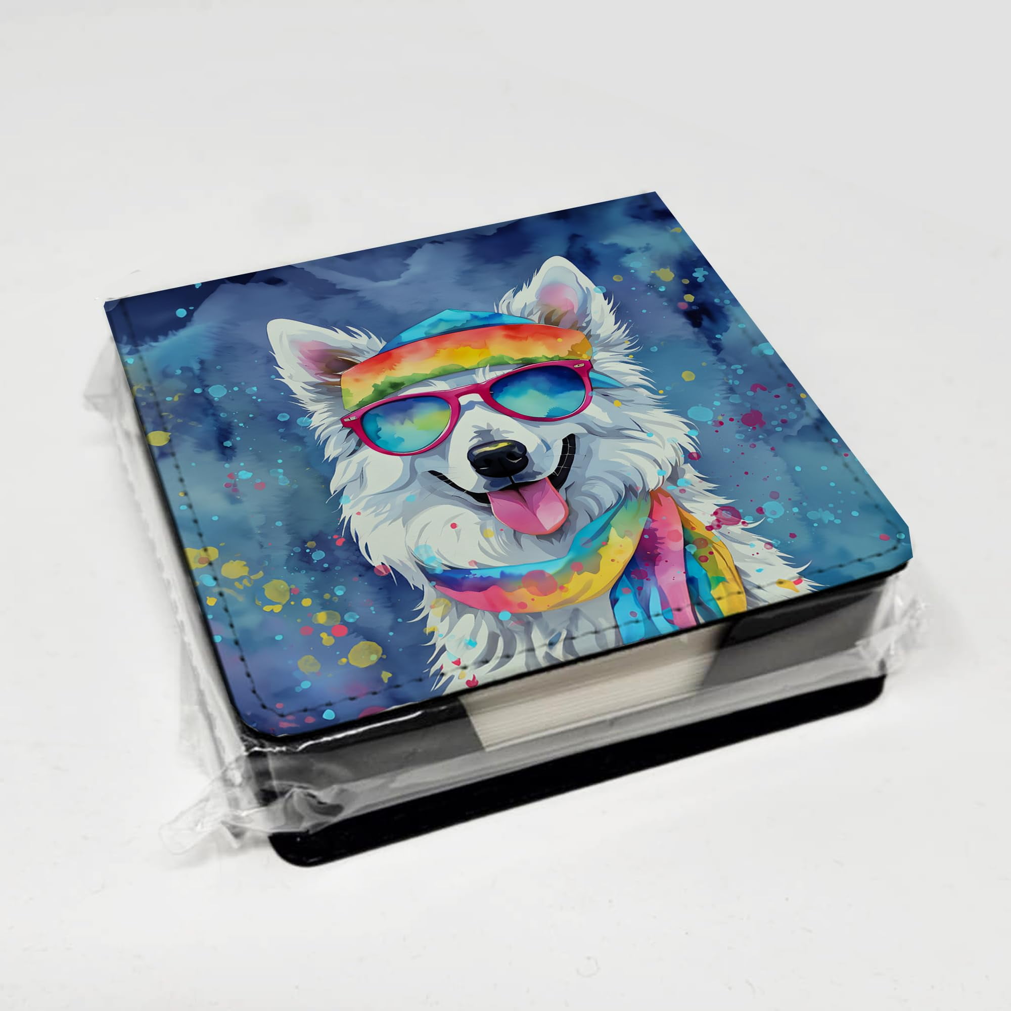 Caroline's Treasures American Eskimo Hippie Dawg PU Leather Note Paper Holder with Artist-Designed Cover, Desk Accessory, Office Gift