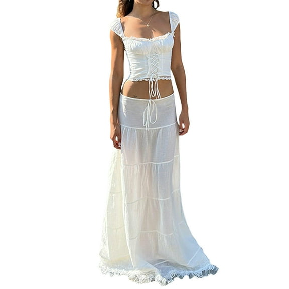 Baby Sweetie Women Lace Long Skirts Hem Tie-Up Low Waist Skirts Spring Summer Fashion Casual Skirts