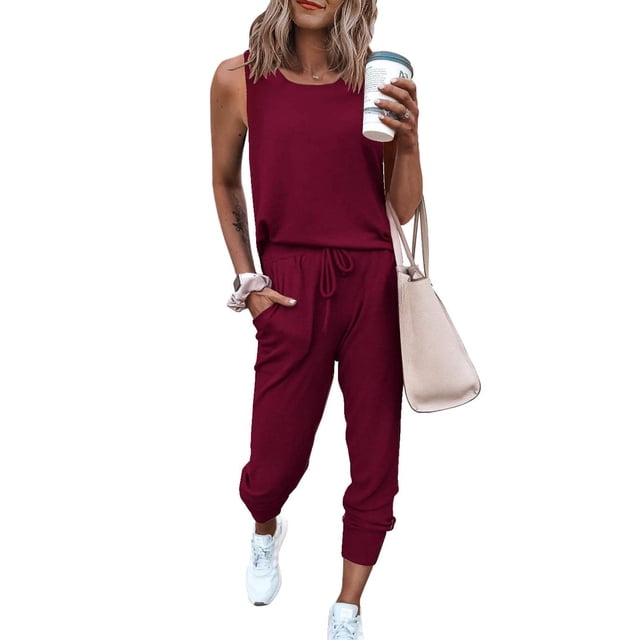 Conjunto Deportivo PRETTYGARDEN para Mujer Sin Mangas con Cuello Redondo Vino M