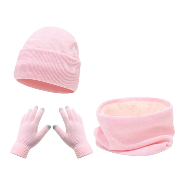 MIASHUI Women's Scarf, Hat, and Gloves Three-Piece Set Winter Outdoor Riding Skiing Cold Protection Solid Color Knit Hat Warm Set Pink