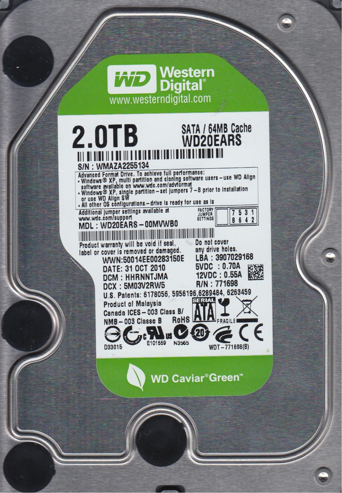 WD Green 2TB HDD WD20EARS 2TB Western Digital Caviar Green