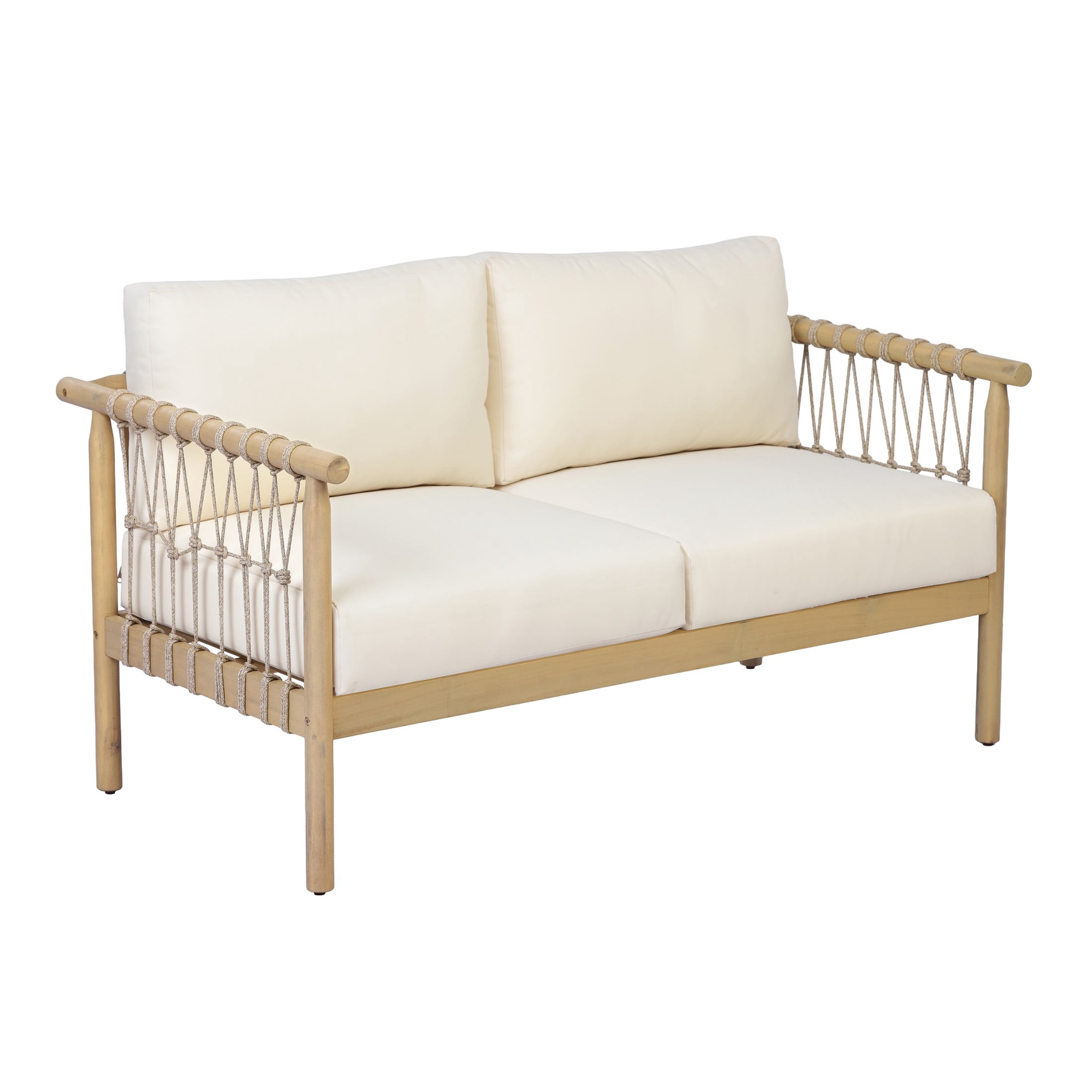 Christopher Knight Home Patio Acacia Wood Loveseat with Rope Accents and Cream Cushions, Light Teak