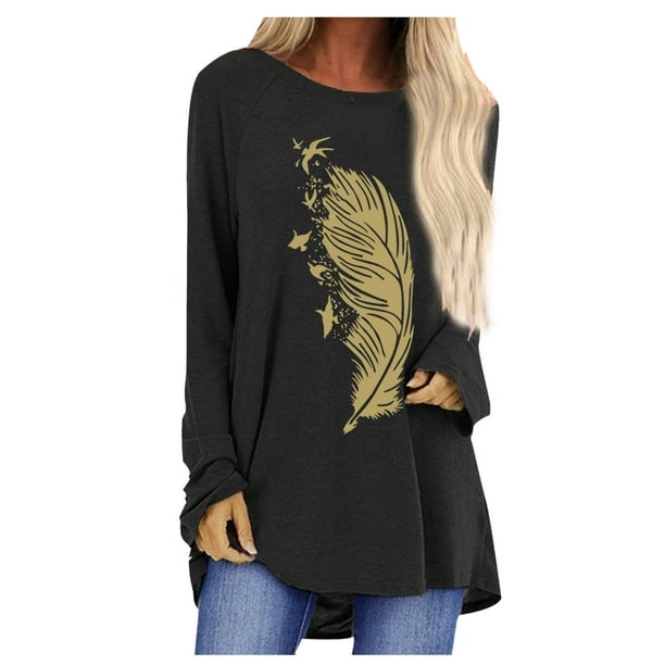 Summer Savings Clearance 2023! VERUGU Graphic Tees for Women, Casual Crew  Neck Long Sleeve Feather Printing Fashion Pullover Black