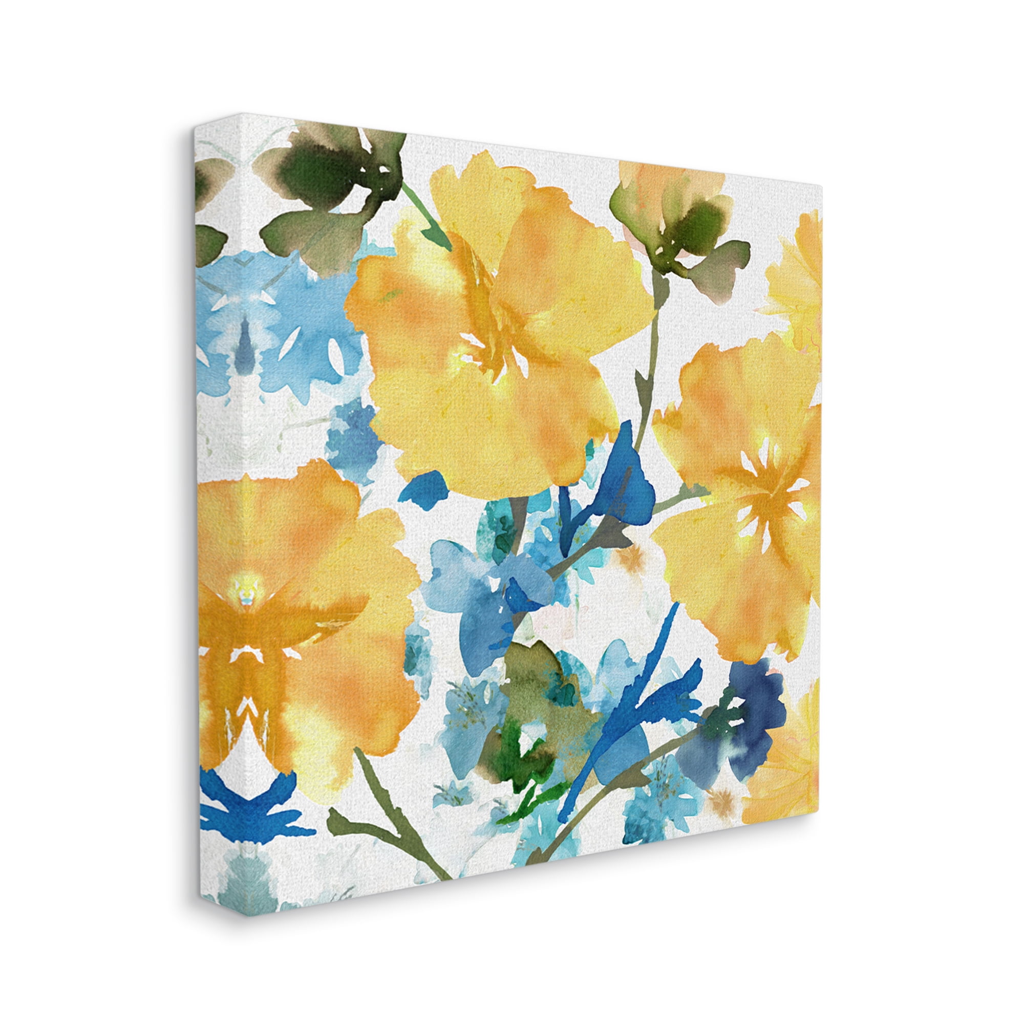 Stupell Industries Yellow & Blue Hibiscus Botanical & Floral Painting Gallery Wrapped Canvas Art Print Wall Art, 17 x 17