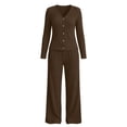 thumbnail image 6 of Women's 2 Piece Casual Knit Set V Necklinen Full Buttom Down Top Wide Leg Pants Casual Suits for Fall Brown 2XL, 6 of 6