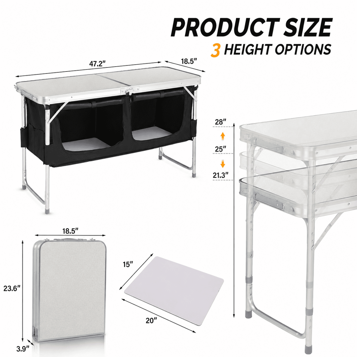 4FT Portable Folding Camping Table with Storage, Aluminum Outdoor Cooking Station with 2 Adjustable Legs, Black