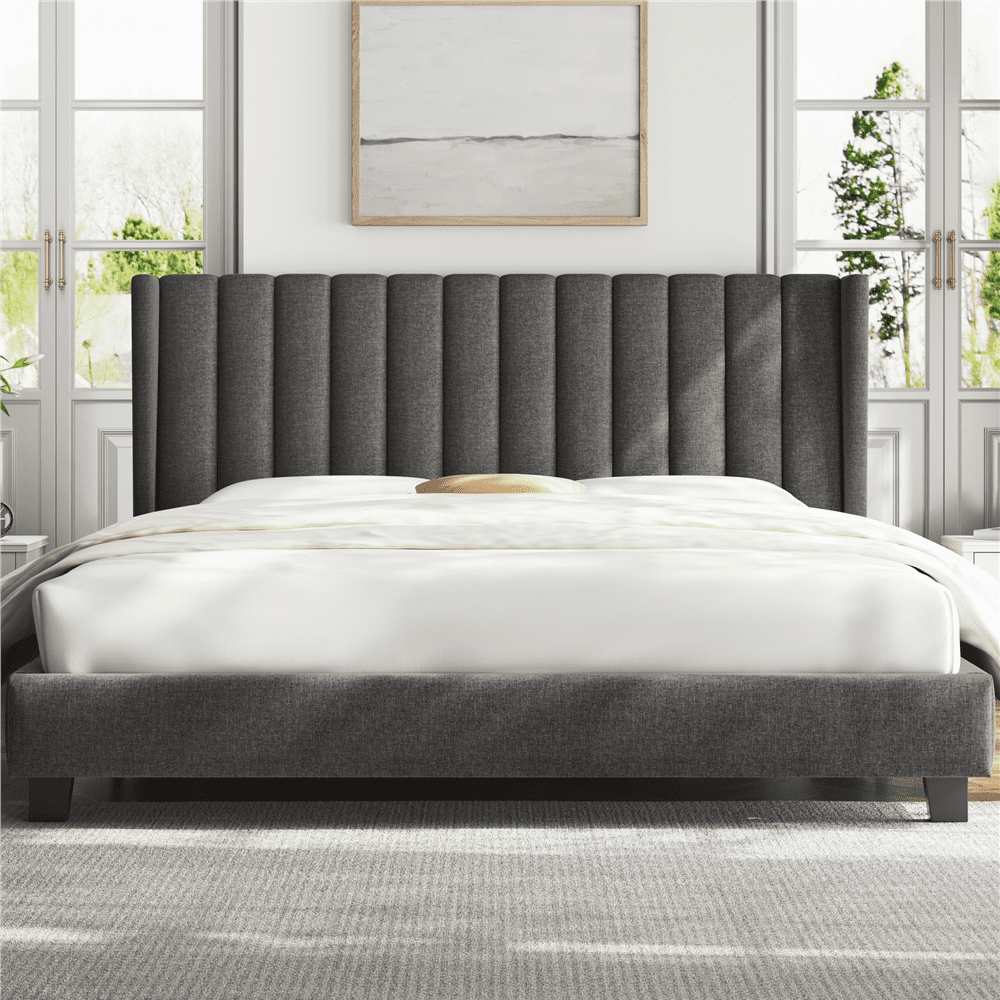 Easyfashion Wingback Bed with Wooden Support Slats and Tufted 