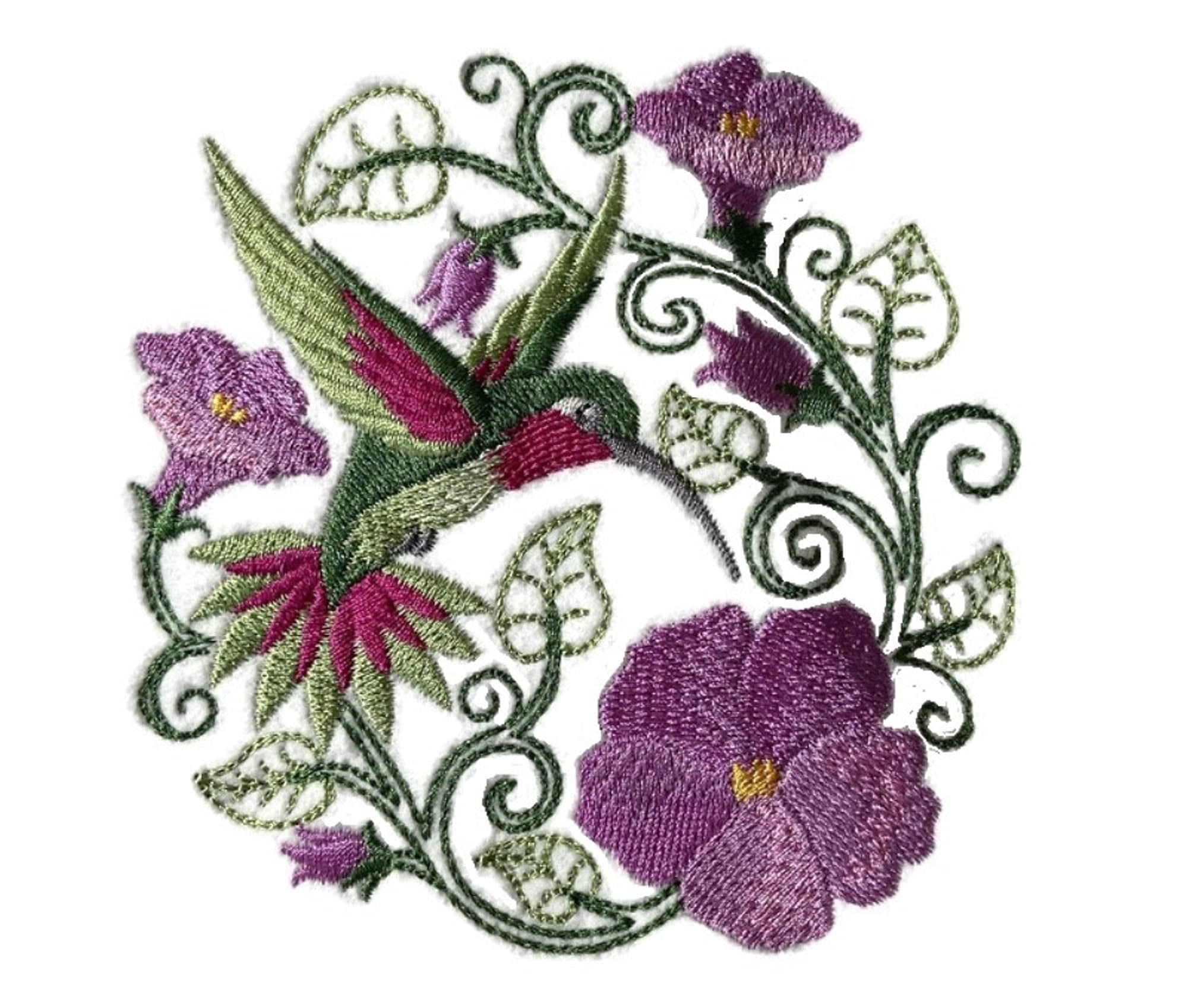 Hummingbird With Flower Circle Embroidered Iron on/Sew patch [5" X 5"]