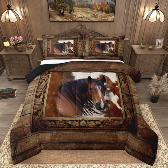 Homewish Teens Farmhouse Animal Horse Bedding Comforter Set 2pcs,Lodge Cabin Twin Comforter Sets Microfiber,Retro Vintage Breathable Bedding Set,Super Cozy Room Decor,Reversible
