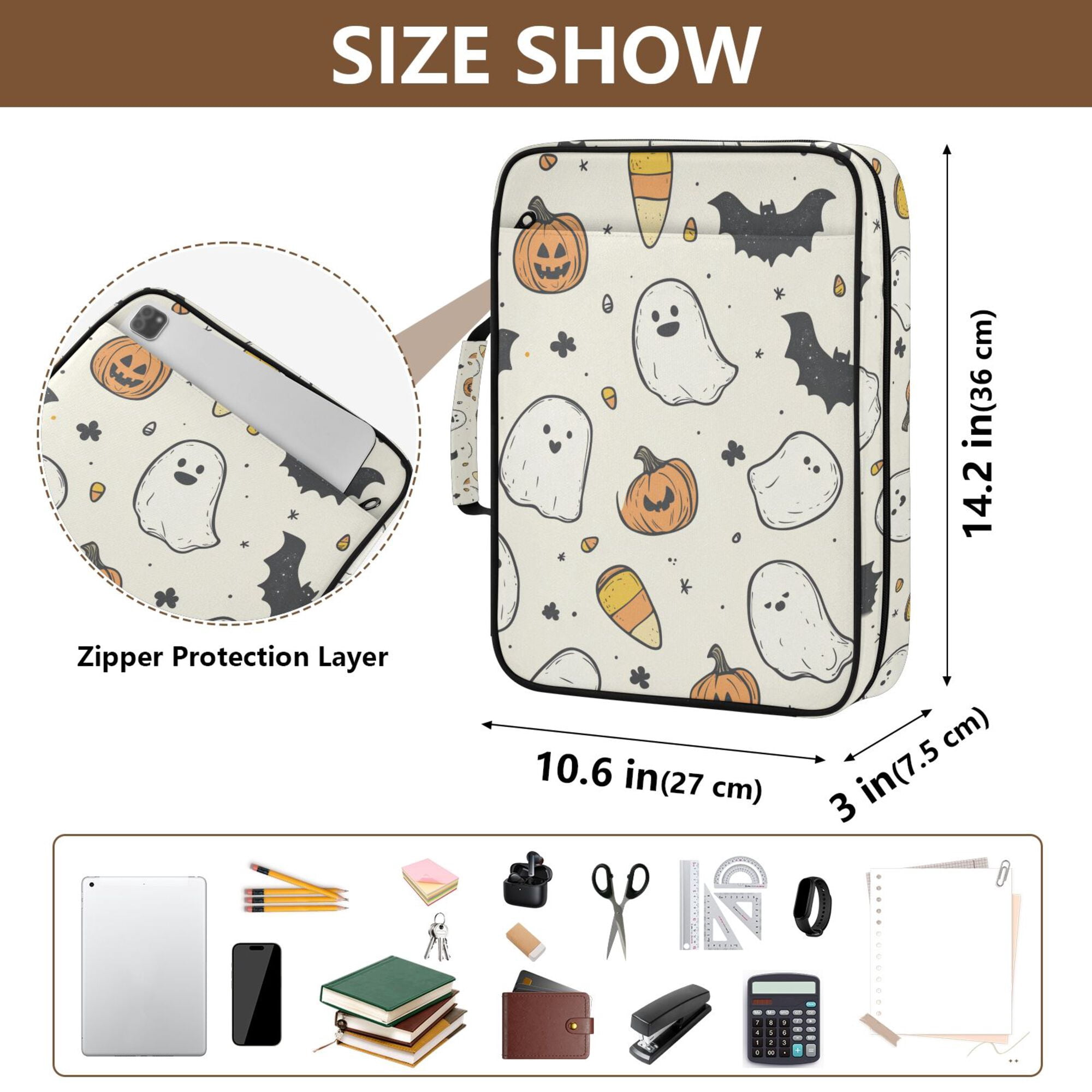 FORMRS Accordion File Folder A4 Size 7-Pocket Expanding Document Organizer Bag with 3 Ring Binder, Halloween Happy Ghosts
