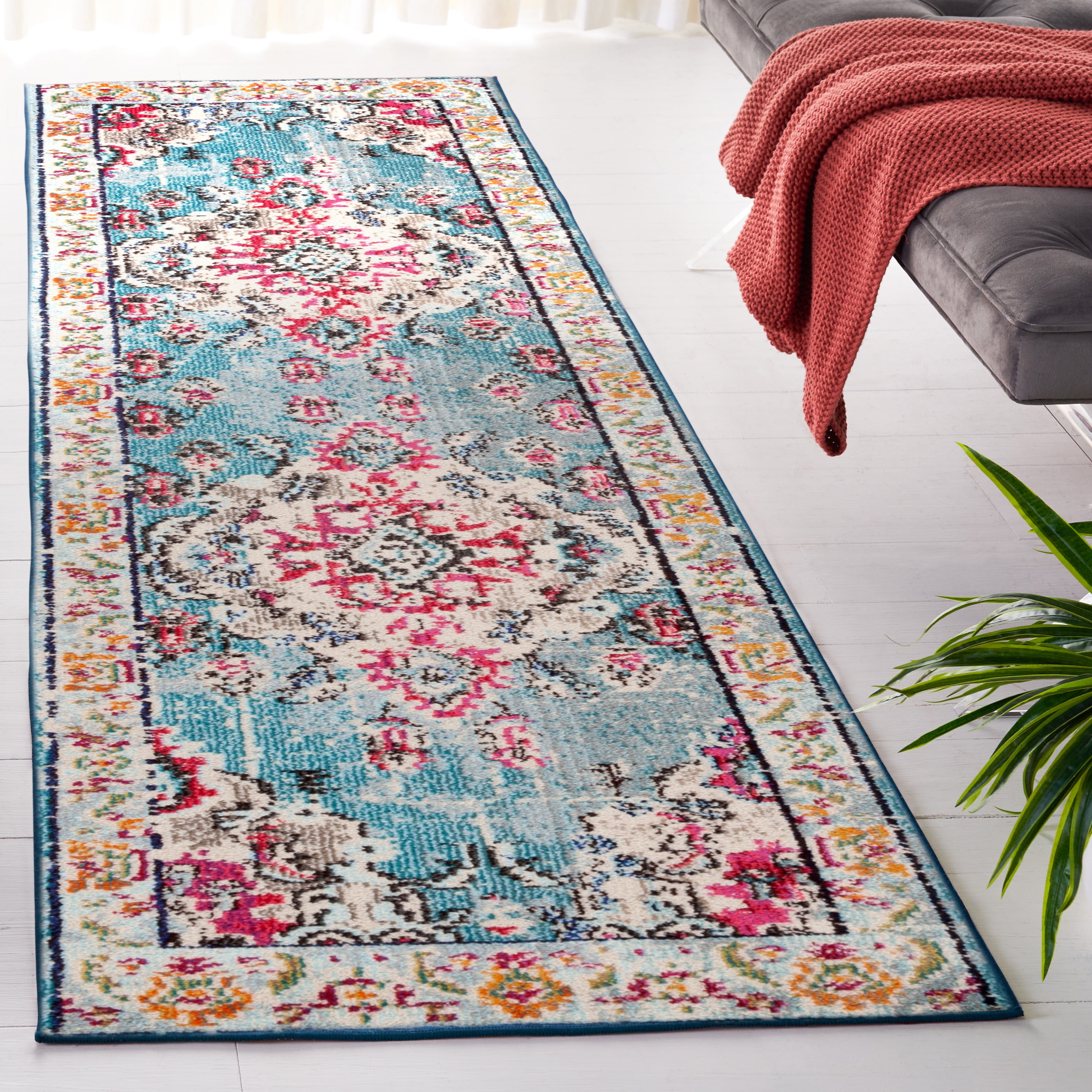 SAFAVIEH Runner Rug 2'2"x6' - Monaco Collection - Traditional Design, Light Blue & Fuchsia, Ideal for Living Room, Bedroom, Dining Space, Entryway, Hallway, Kitchen